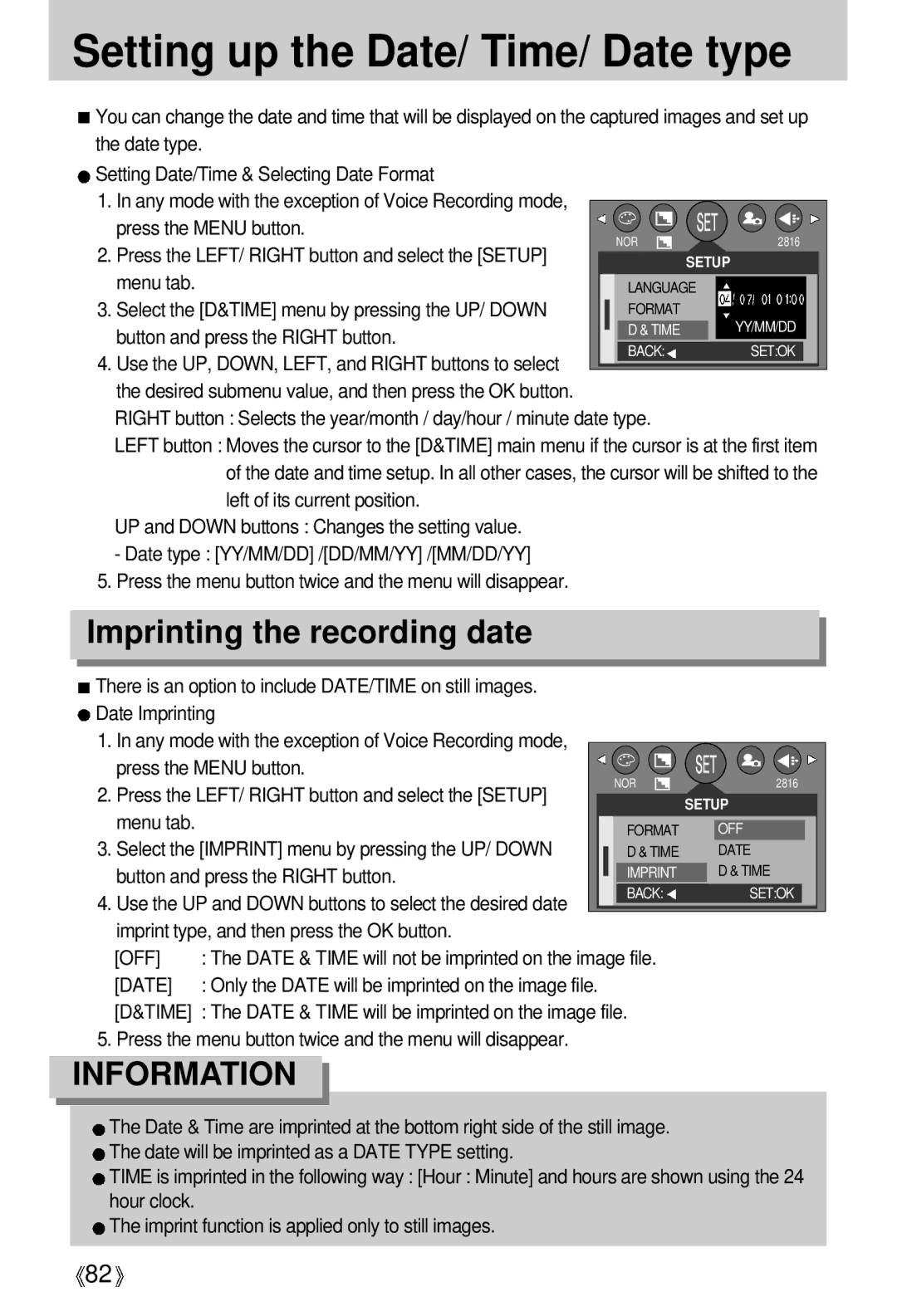 Vanson V-6000 manual Setting up the Date/ Time/ Date type, Imprinting the recording date 