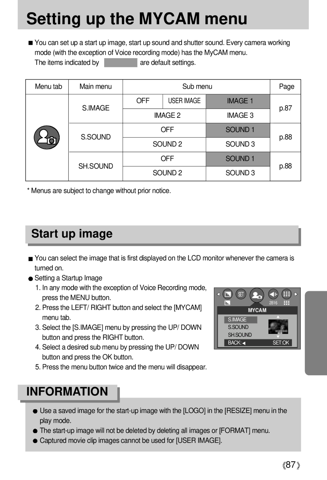 Vanson V-6000 manual Setting up the Mycam menu, Start up image, Turned on Setting a Startup Image 