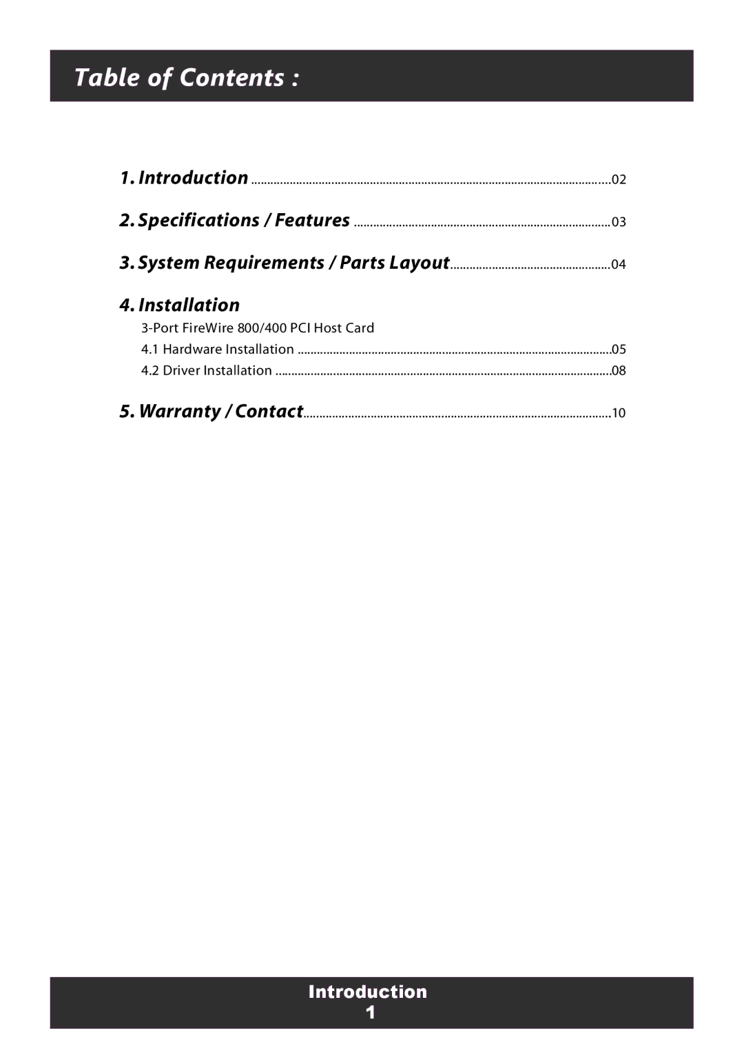 Vantec 400, 800 user manual Table of Contents 