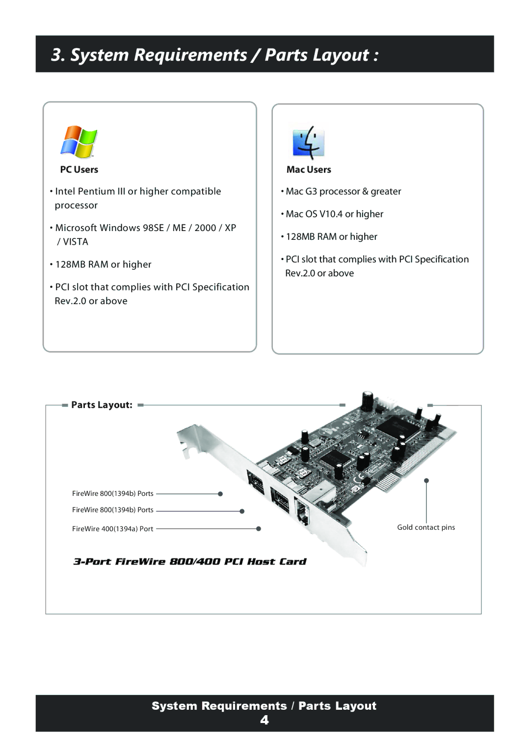 Vantec 800, 400 user manual System Requirements / Parts Layout, PC Users 