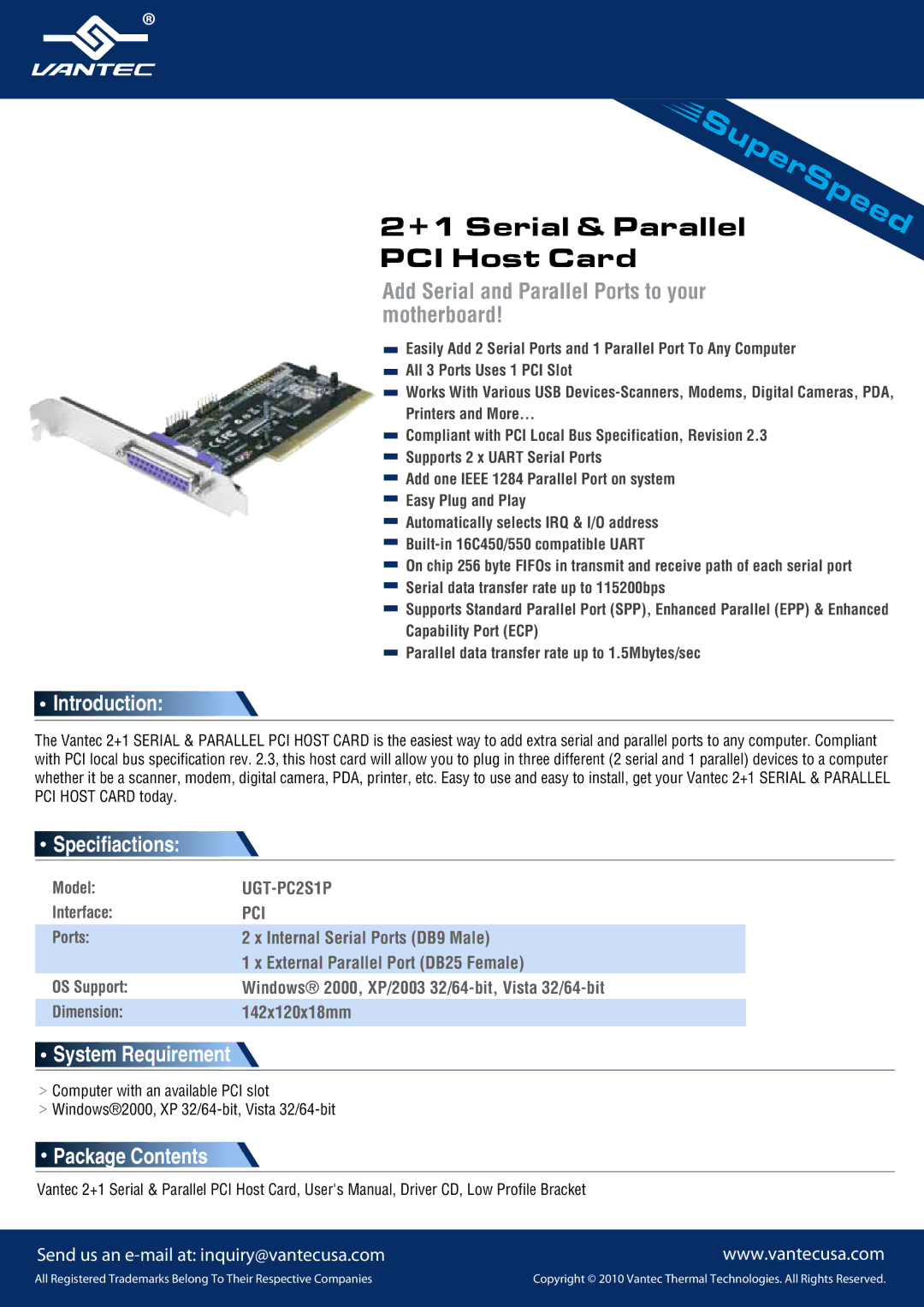 Vantec C123, C128, C133 user manual +1 Serial & Parallel PCI Host Card, Introduction, Specifiactions, Package Contents 