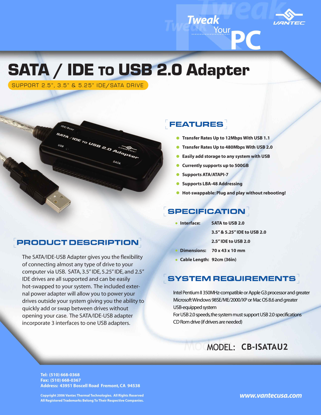Vantec dimensions SATA / IDE TO USB 2.0 Adapter, MODEL CB-ISATAU2, Features, Product Description, Specification 