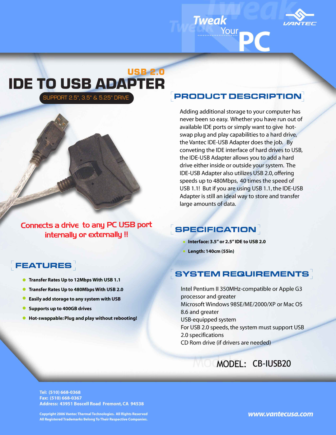 Vantec CB-IUSB20 specifications IDE to USB Adapter, Product Description, Features, Specification, System Requirements 