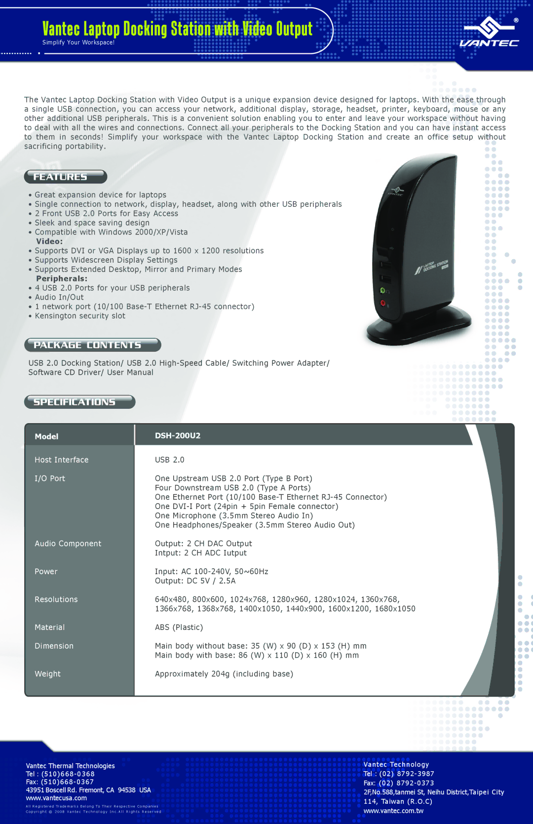 Vantec DSH-200U2 user manual Vantec Laptop Docking Station with Video Output, Peripherals, Model 