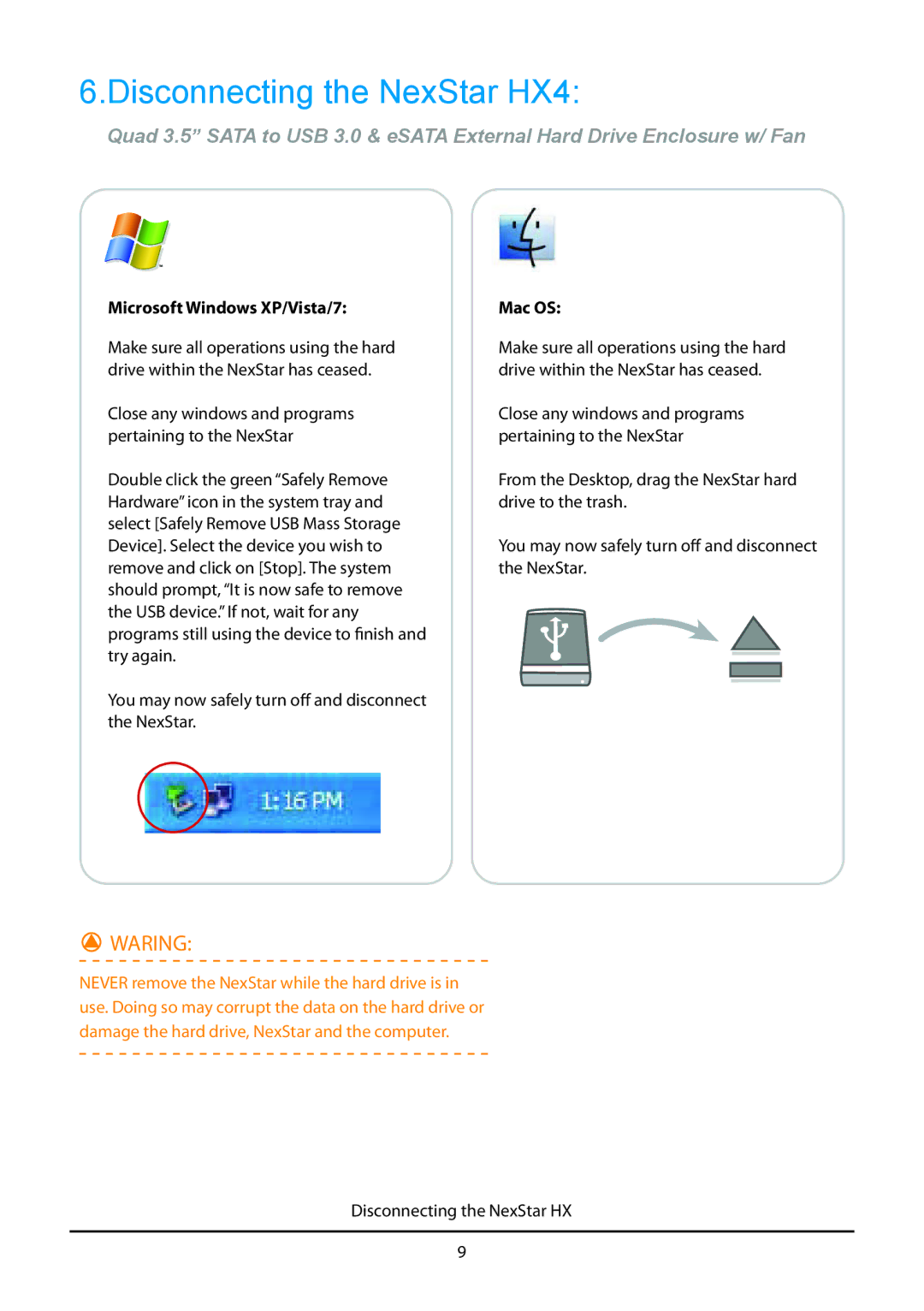 Vantec manual Disconnecting the NexStar HX4, Microsoft Windows XP/Vista/7 