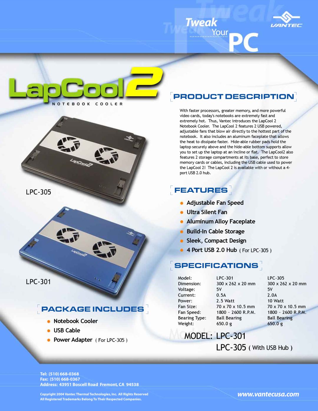 Vantec specifications MODEL LPC-301, Package Includes, Product Description, Features, Specifications, LPC-305 LPC-301 