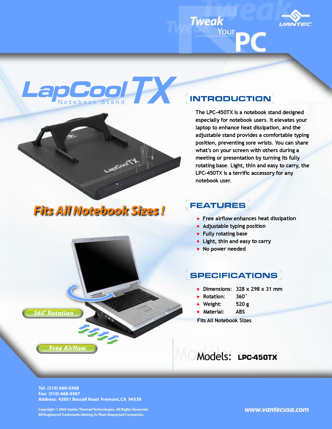 Vantec LPC-450TX specifications Fits All Notebook Sizes, Introduction, Features, Specifications 