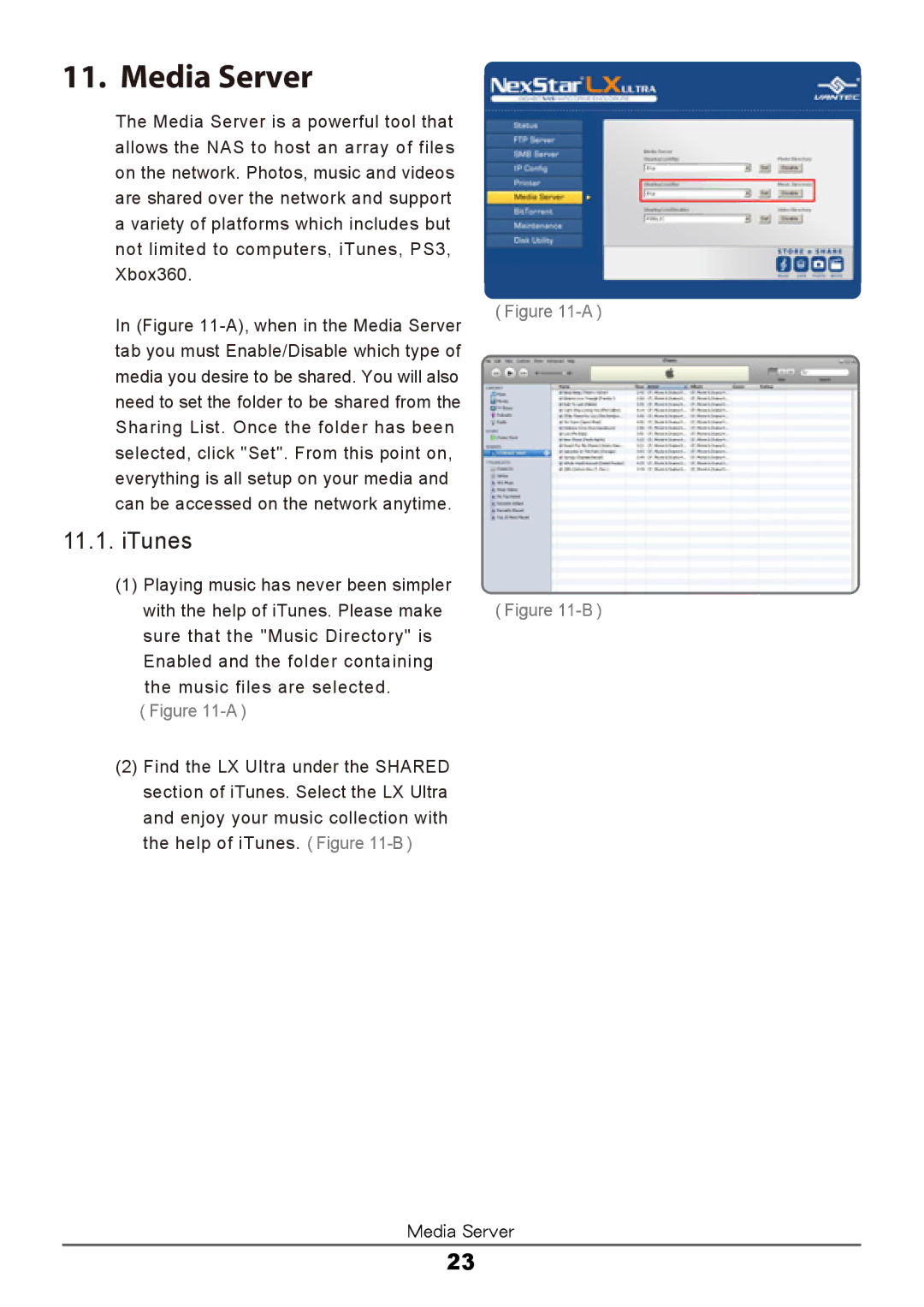 Vantec LX ULTRA manual Media Server, ITunes 