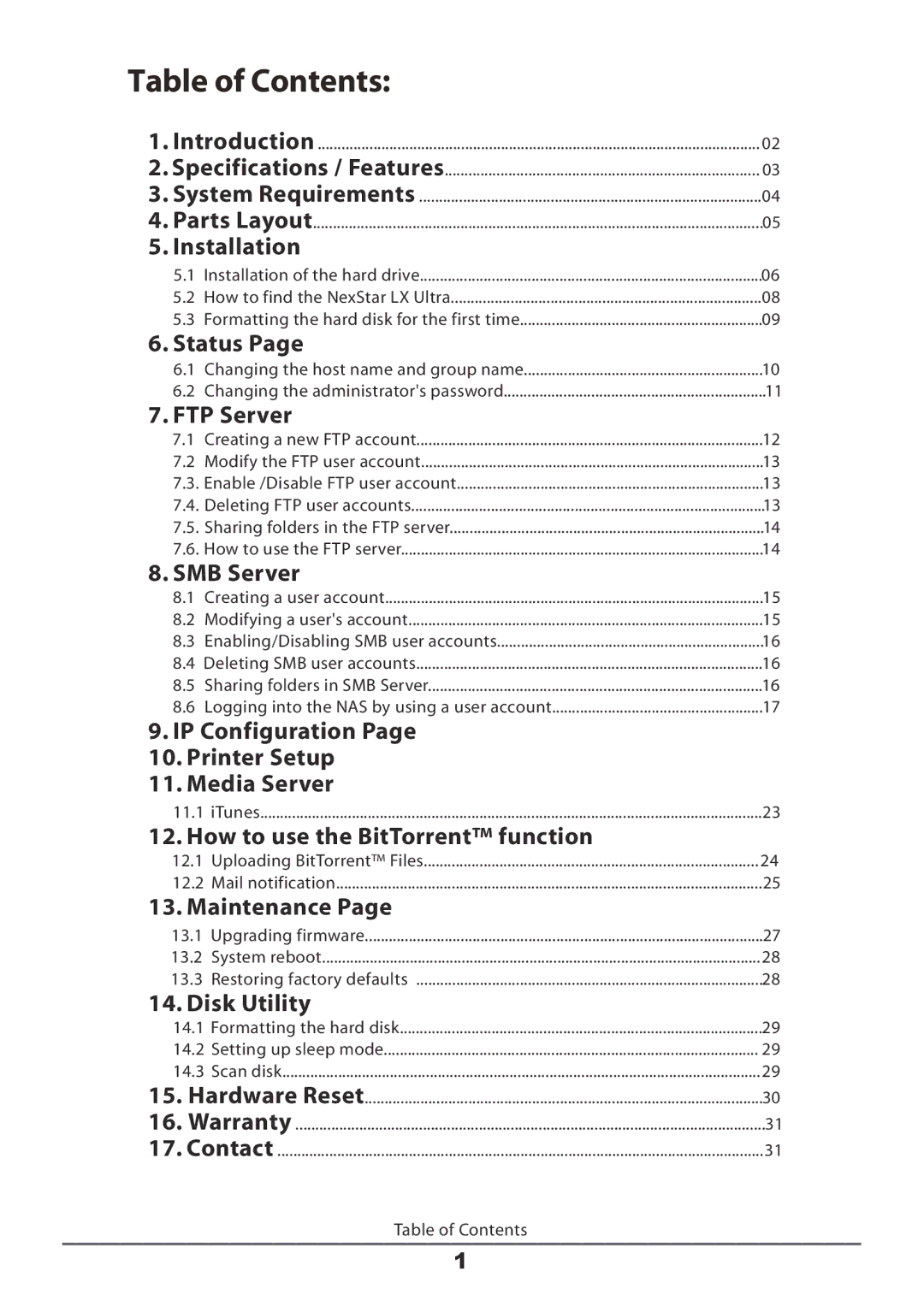 Vantec LX ULTRA manual Table of Contents 