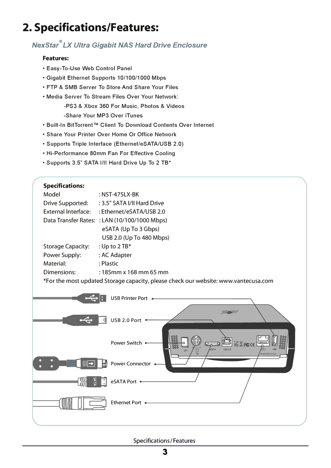 Vantec LX ULTRA manual Specifications/Features 