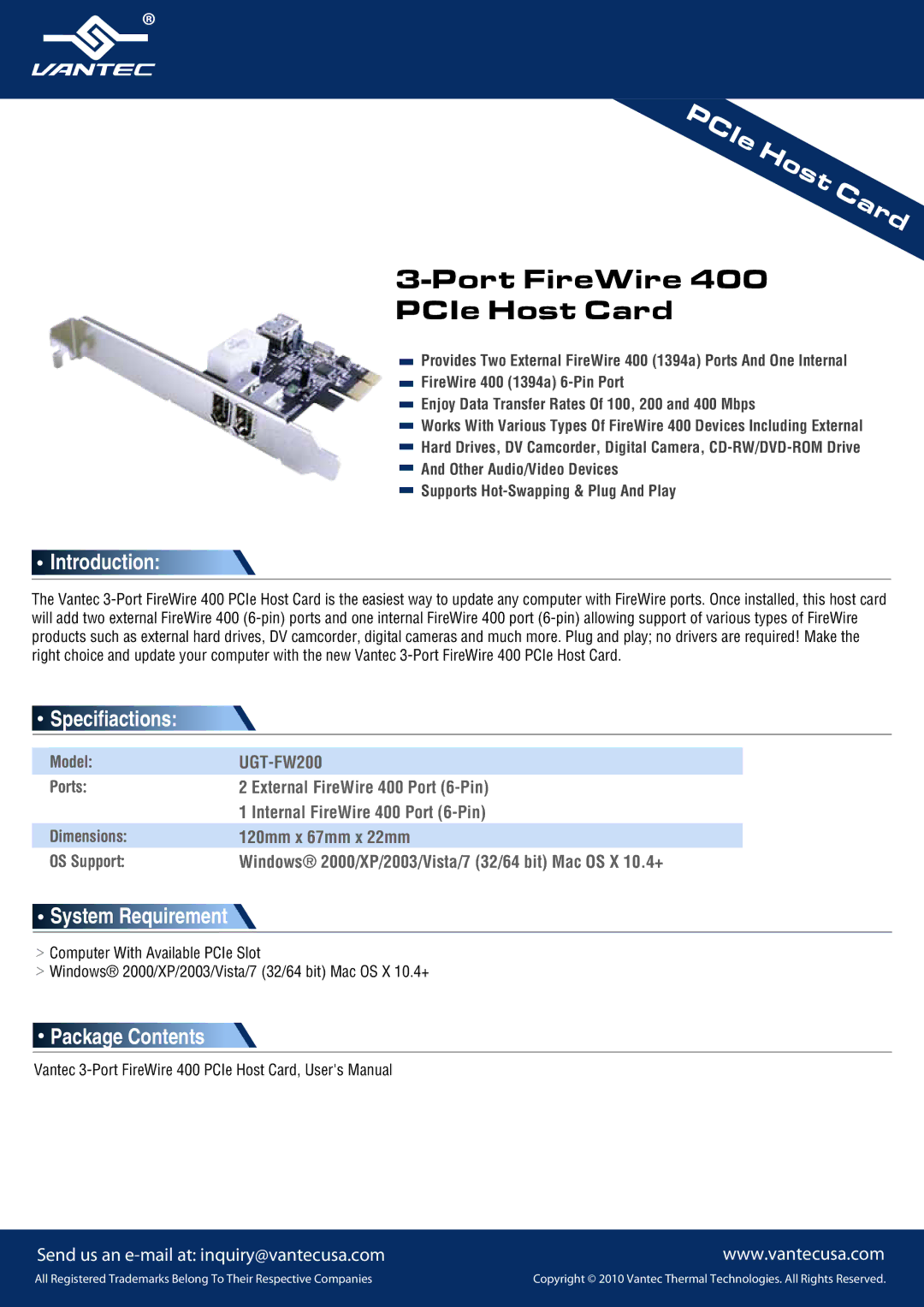 Vantec MO3096Y6-1 dimensions Port FireWire PCIe Host Card, Introduction, Specifiactions, System Requirement 