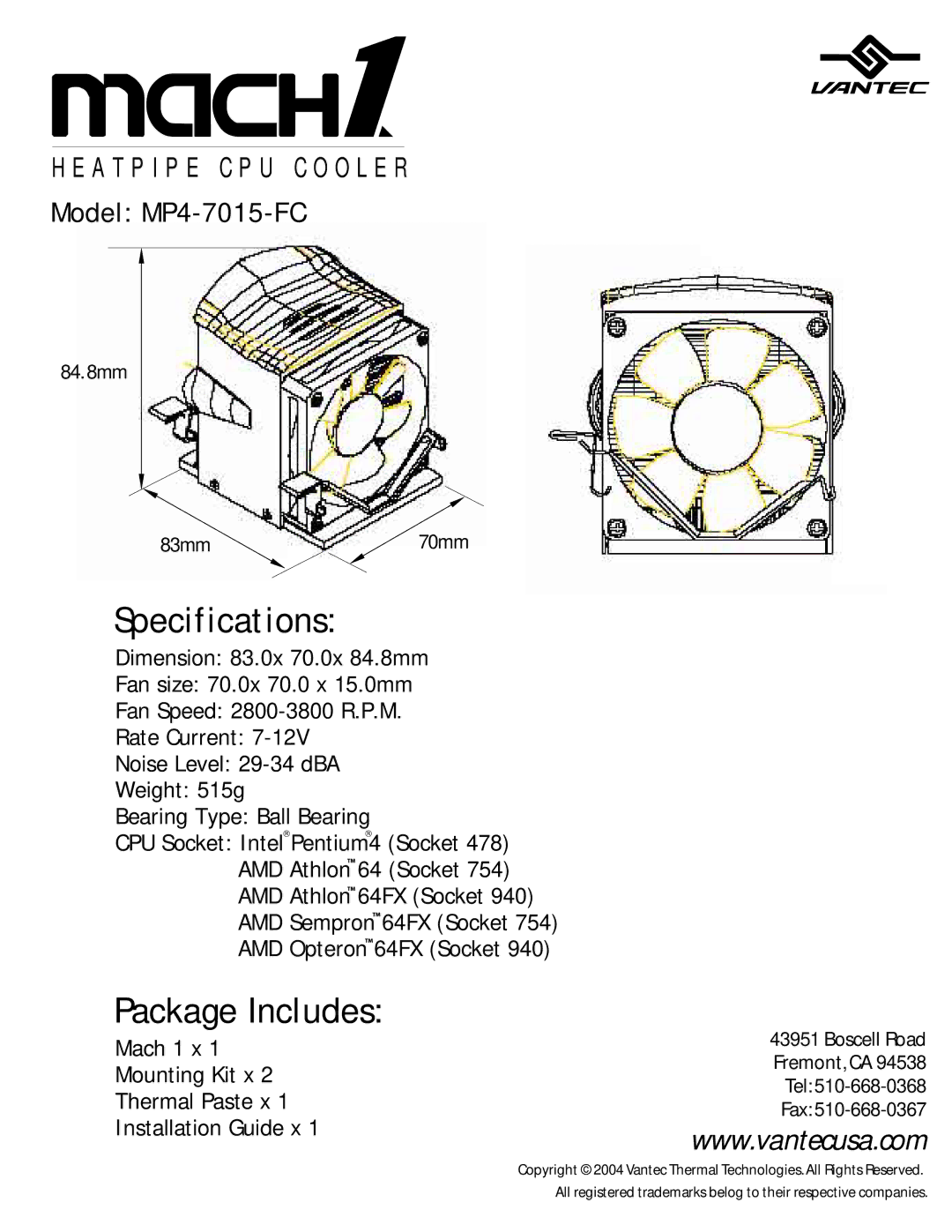 Vantec MP4-7017-FC specifications Specifications, Package Includes, Boscell Road Fremont, CA Tel Fax 