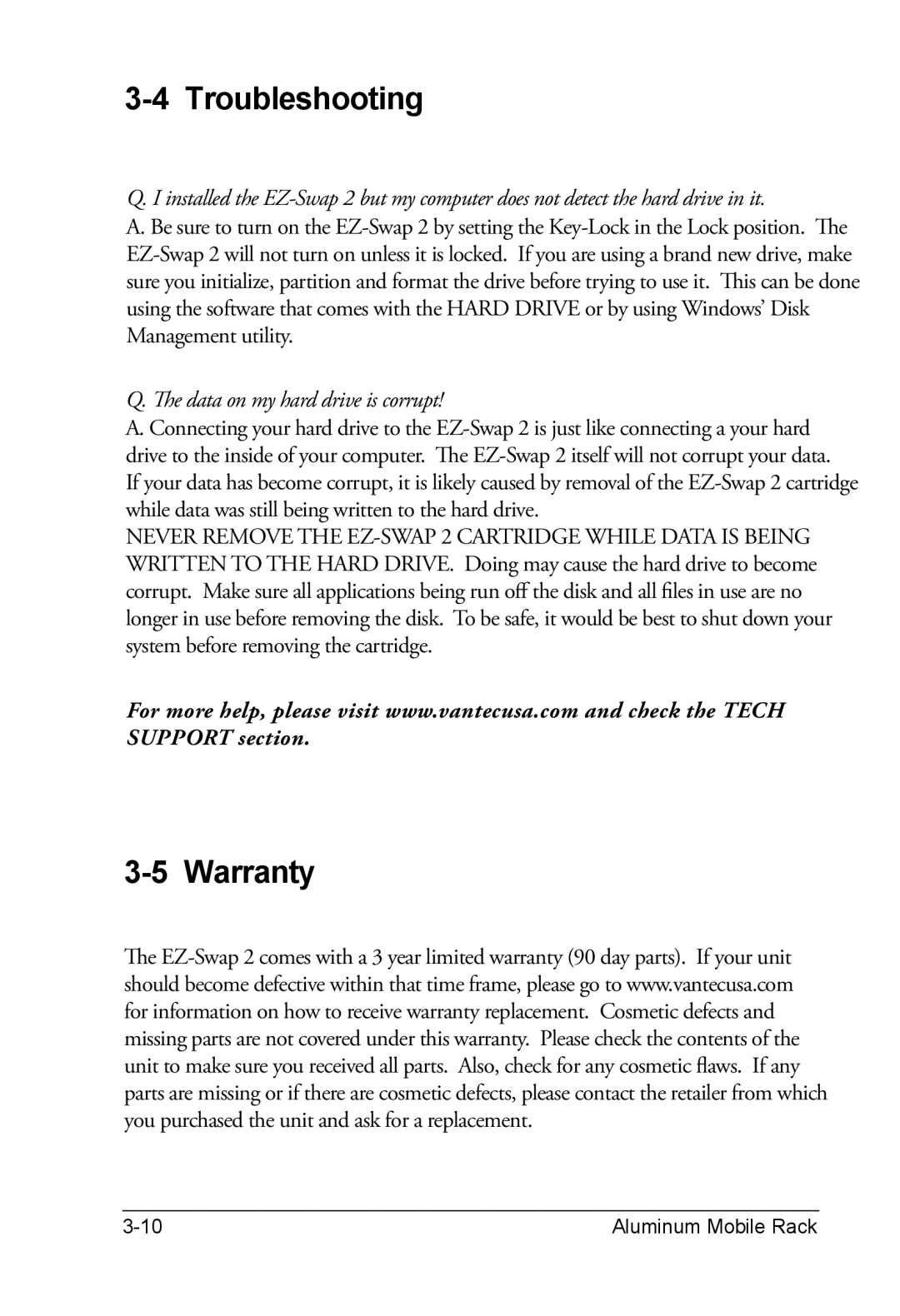 Vantec MRK-300ST-BK, EZ-Swap2 Removable Hard Drive Rack Serial ATA to Serial ATA manual Troubleshooting, Warranty 