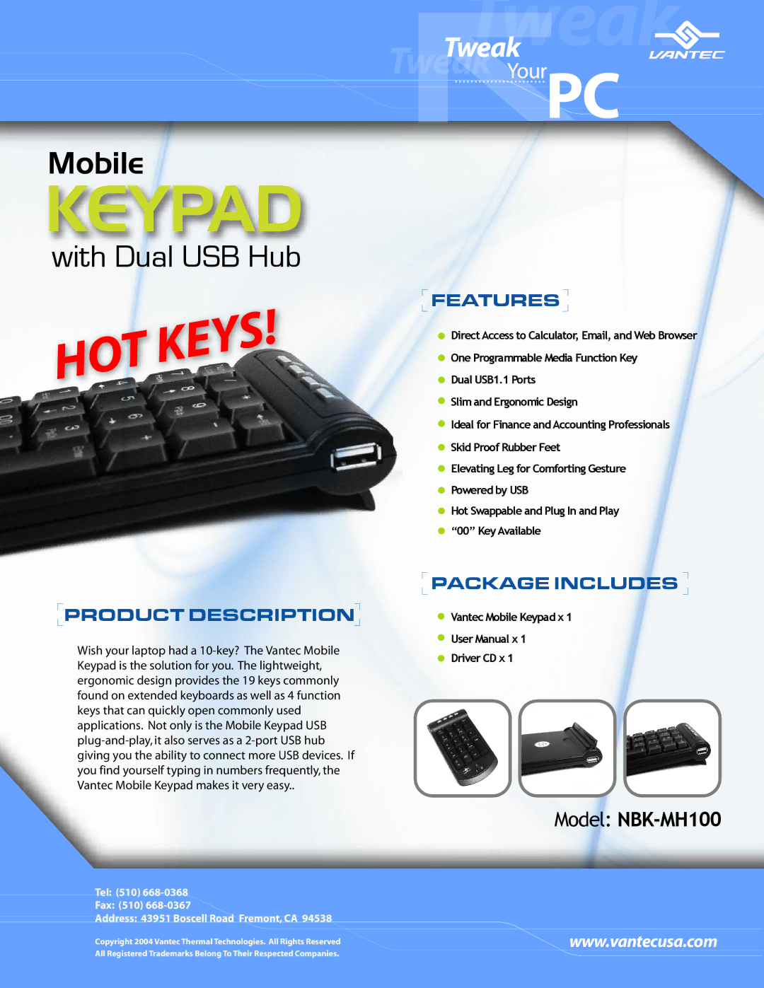 Vantec NBK-MH100 user manual With Dual USB Hub, Product Description, Features, Package Includes 