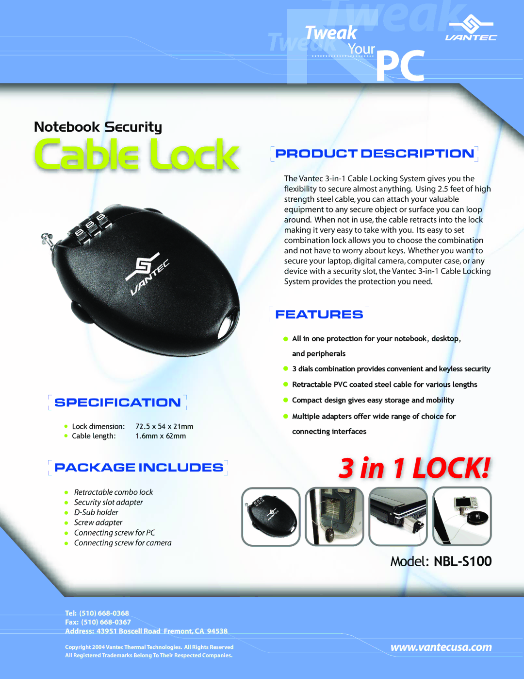 Vantec NBL-S100 manual Cable Lock, Specification, Package Includes, Product Description, Features 