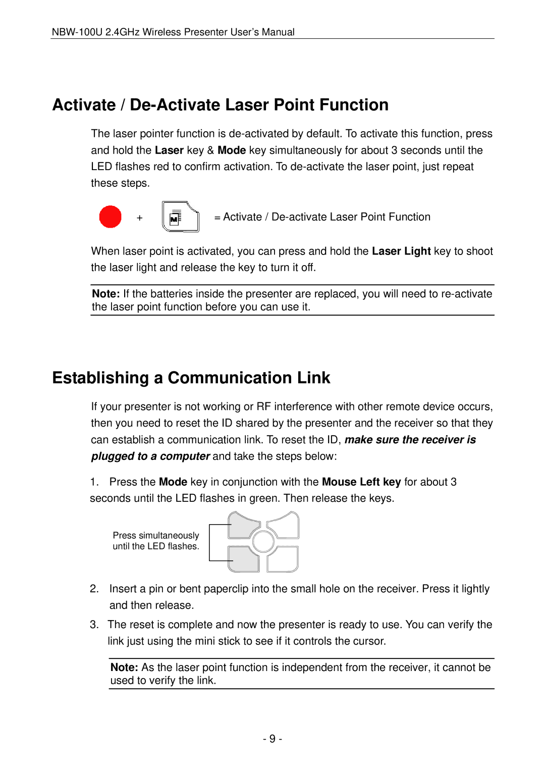 Vantec NBW-100U user manual Activate / De-Activate Laser Point Function, Establishing a Communication Link 