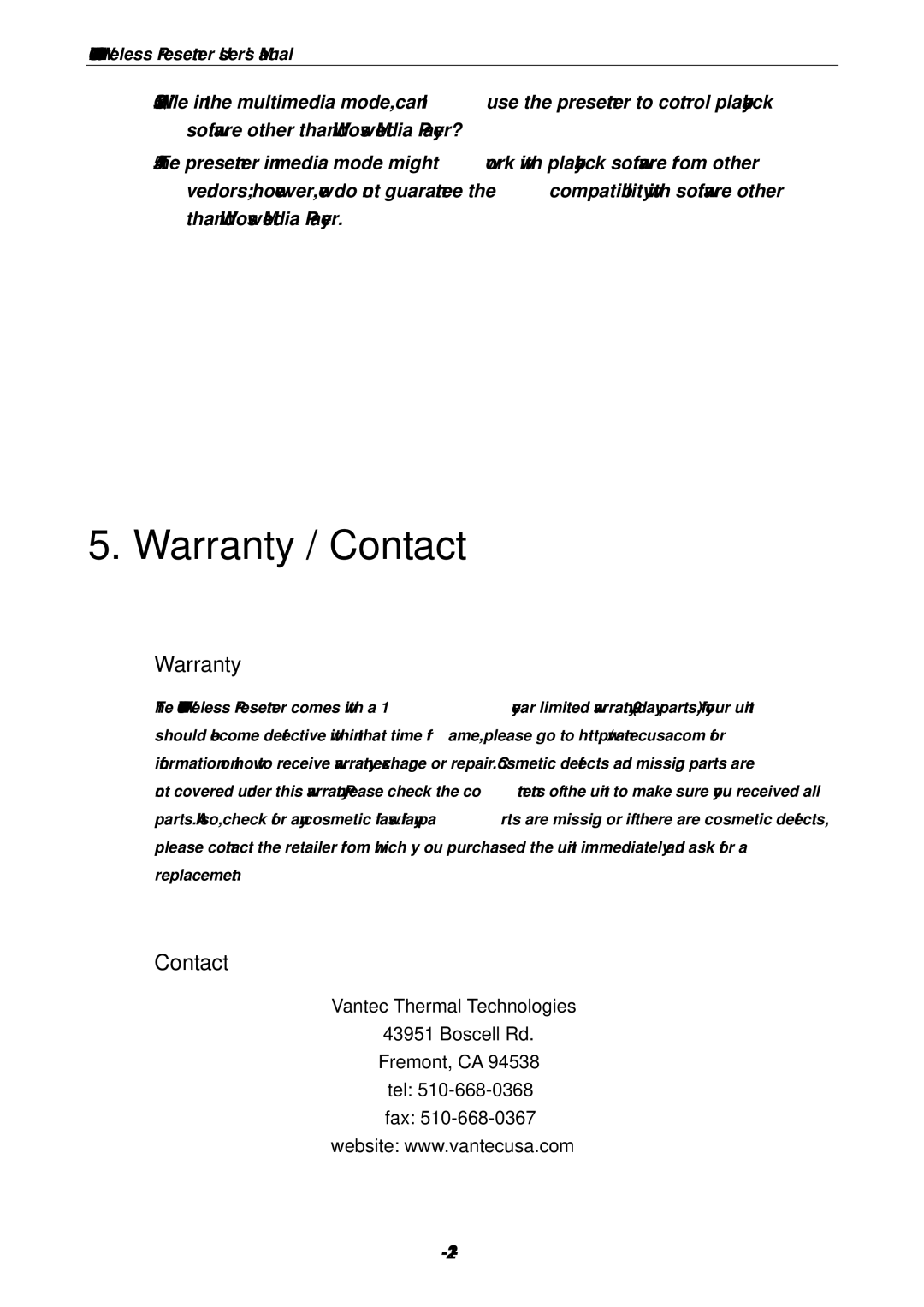 Vantec NBW-100U user manual Warranty / Contact, Warranty Contact 