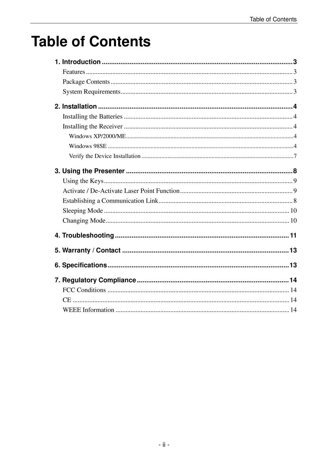 Vantec NBW-100U user manual Table of Contents 