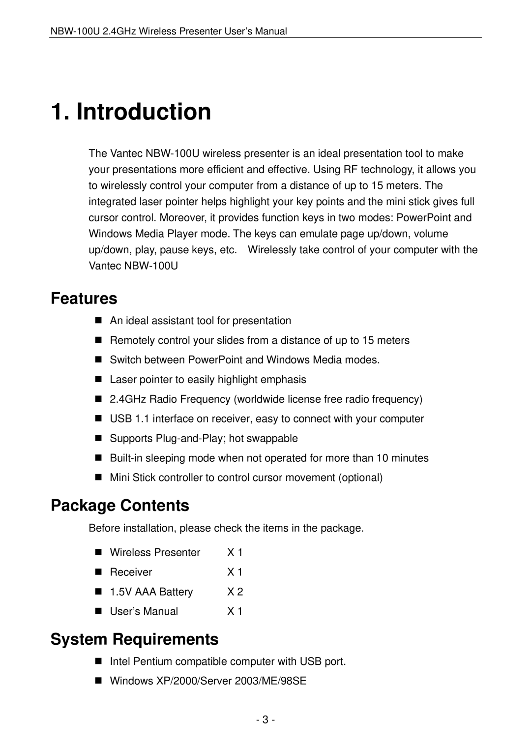 Vantec NBW-100U user manual Introduction, Features, Package Contents, System Requirements 