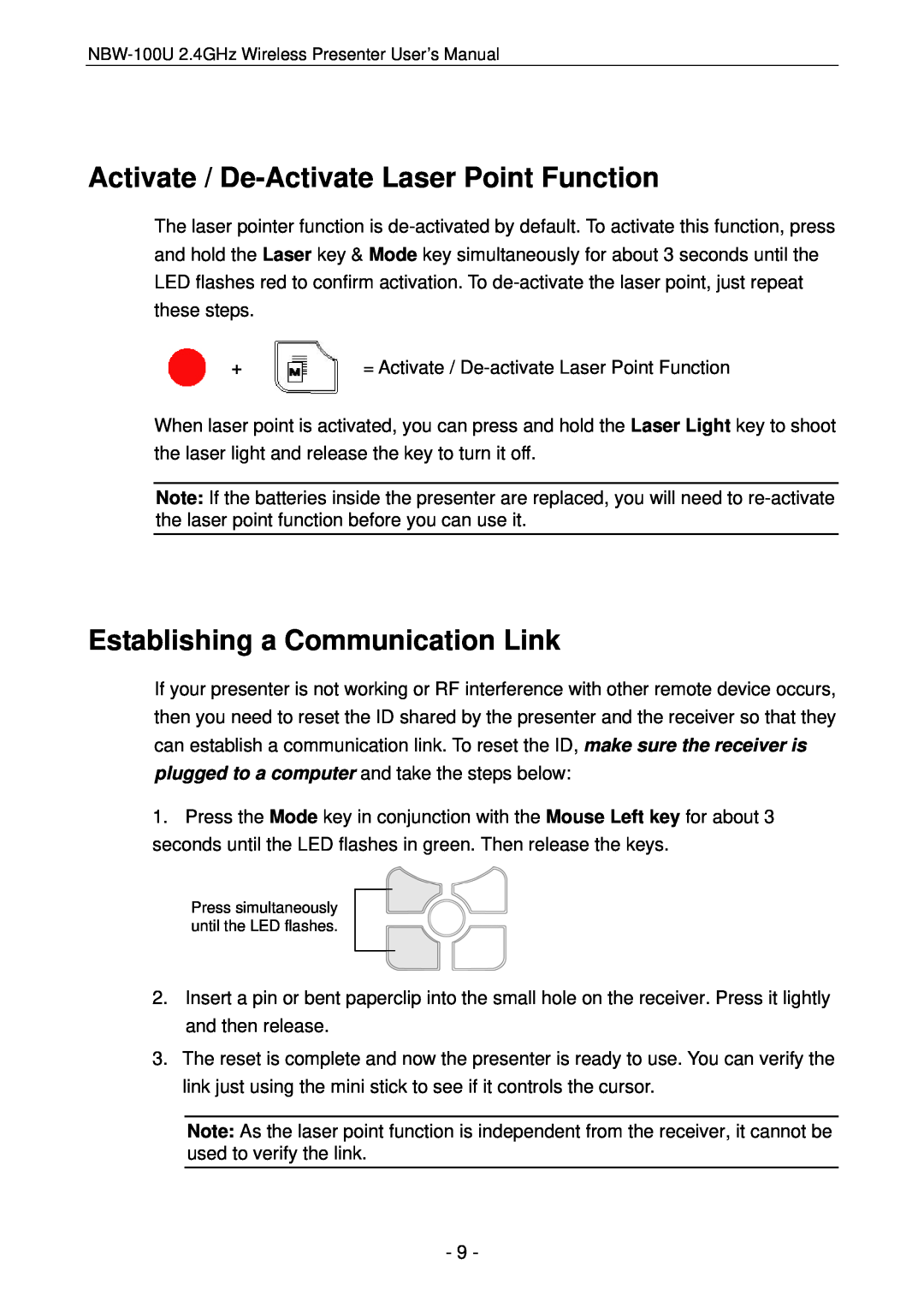 Vantec NBW-100U user manual Activate / De-Activate Laser Point Function, Establishing a Communication Link 