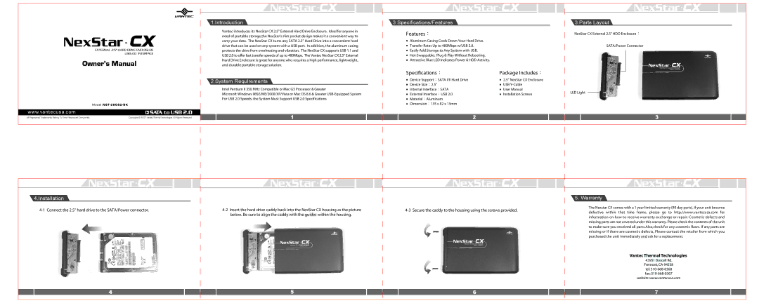 Vantec NexStar CX owner manual Features：, Specifications ： Package Includes ： 