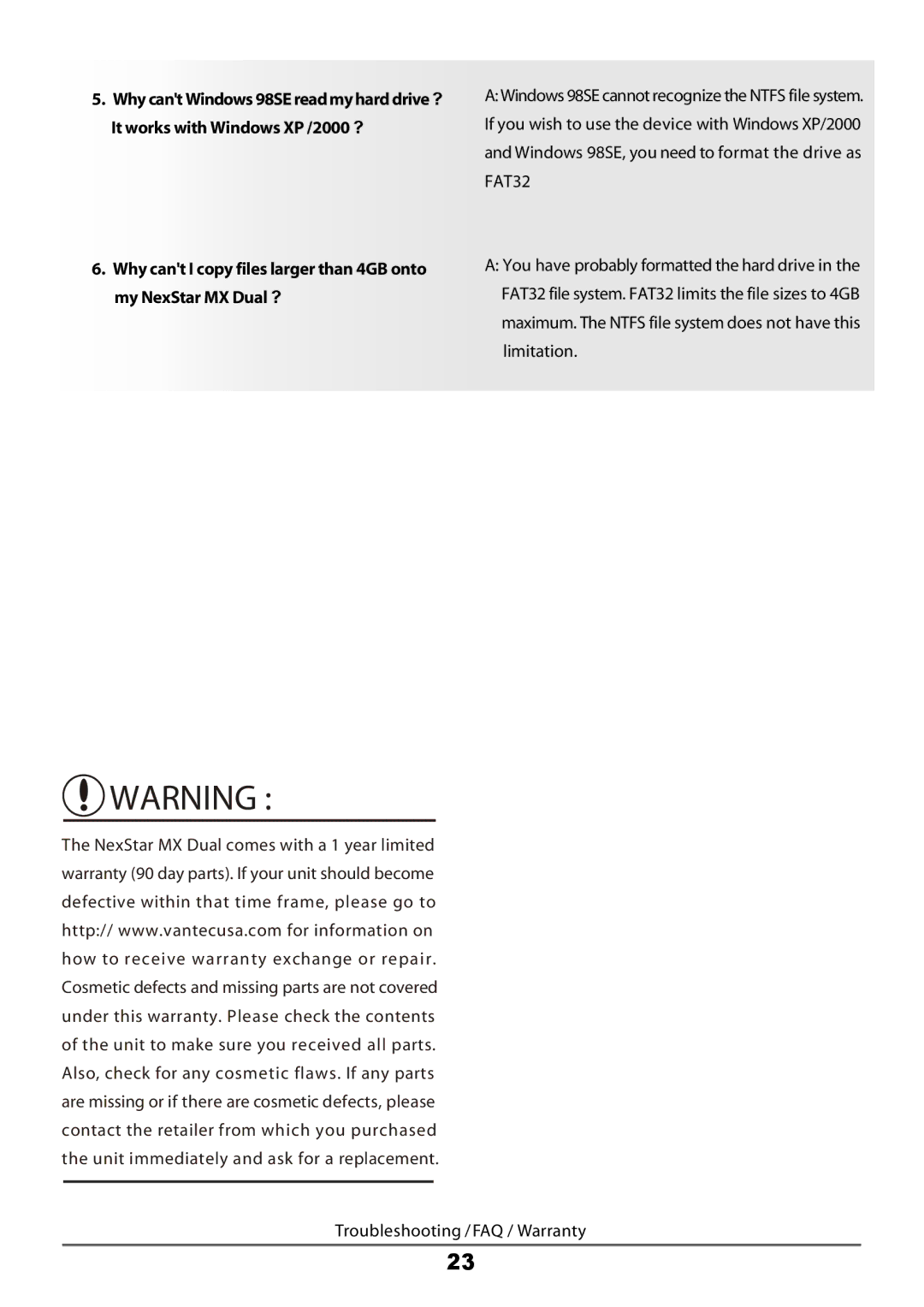 Vantec NexStar MX manual Troubleshooting /FAQ / Warranty 