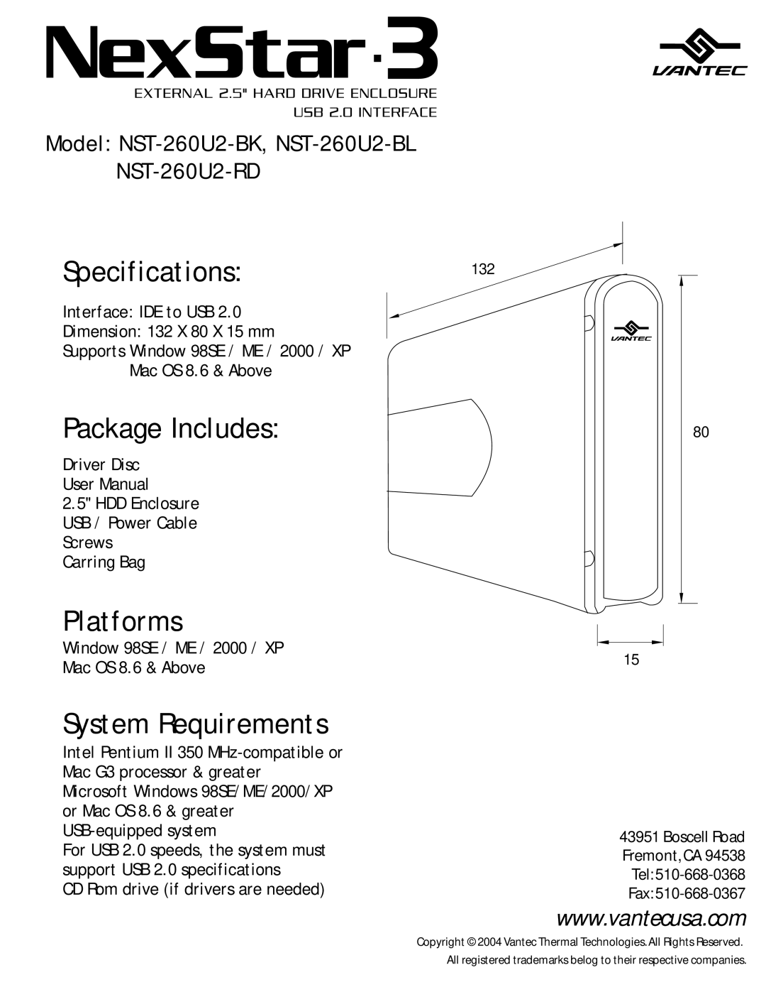 Vantec NST-260U2-BL, NST-260U2-BK specifications Specifications132, Package Includes, Platforms, System Requirements 