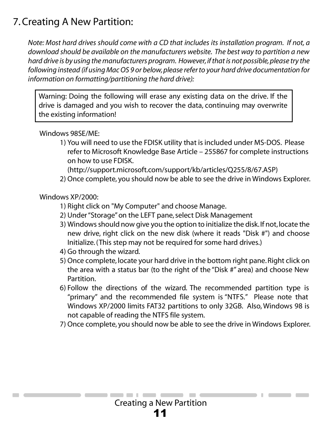 Vantec NST-260U2-RD user manual Creating a New Partition 