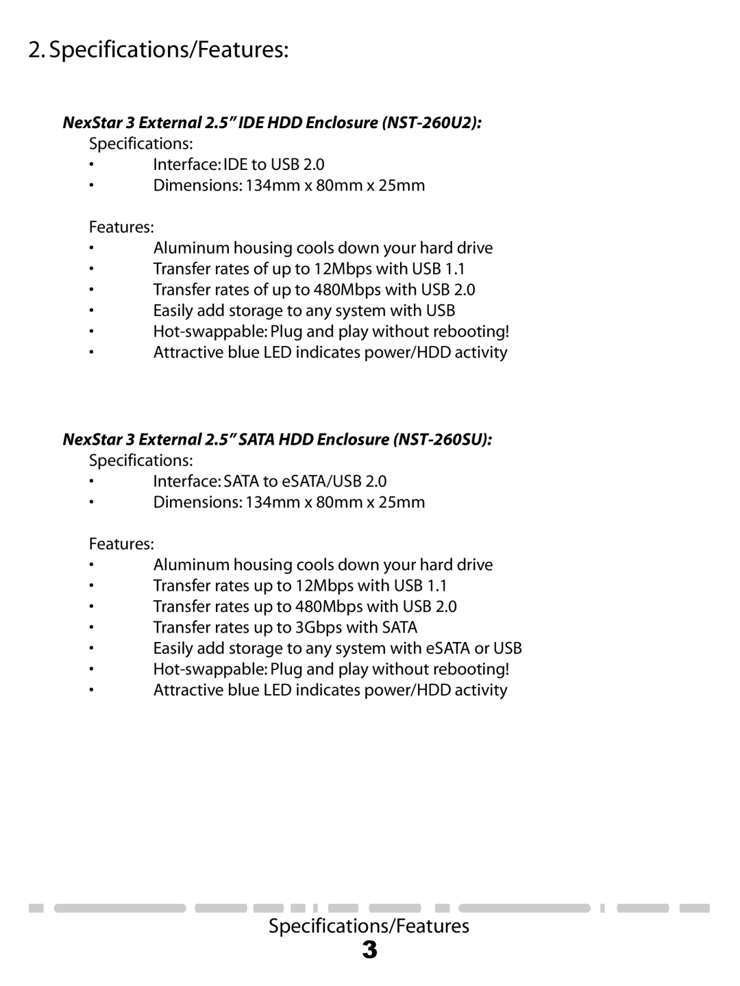 Vantec NST-260U2-RD user manual Specifications/Features, NexStar 3 External 2.5 IDE HDD Enclosure NST-260U2 