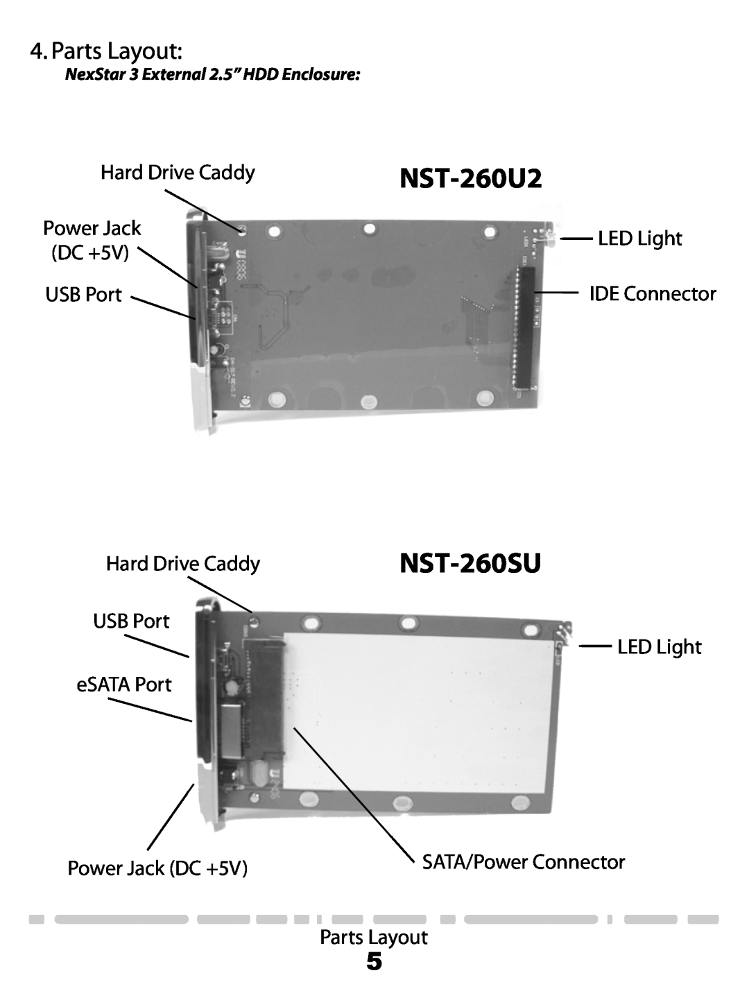 Vantec NST-260U2-RD Parts Layout, USB Port Hard Drive Caddy USB Port eSATA Port, LED Light IDE Connector, NST-260SU 