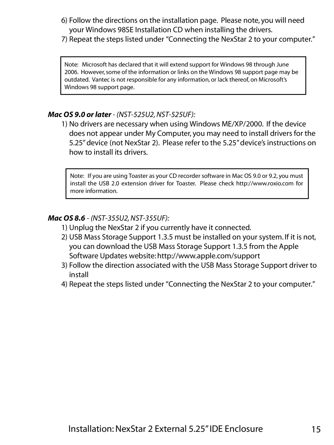 Vantec user manual Mac OS 9.0 or later NST-525U2, NST-525UF, Mac OS 8.6 NST-355U2, NST-355UF 