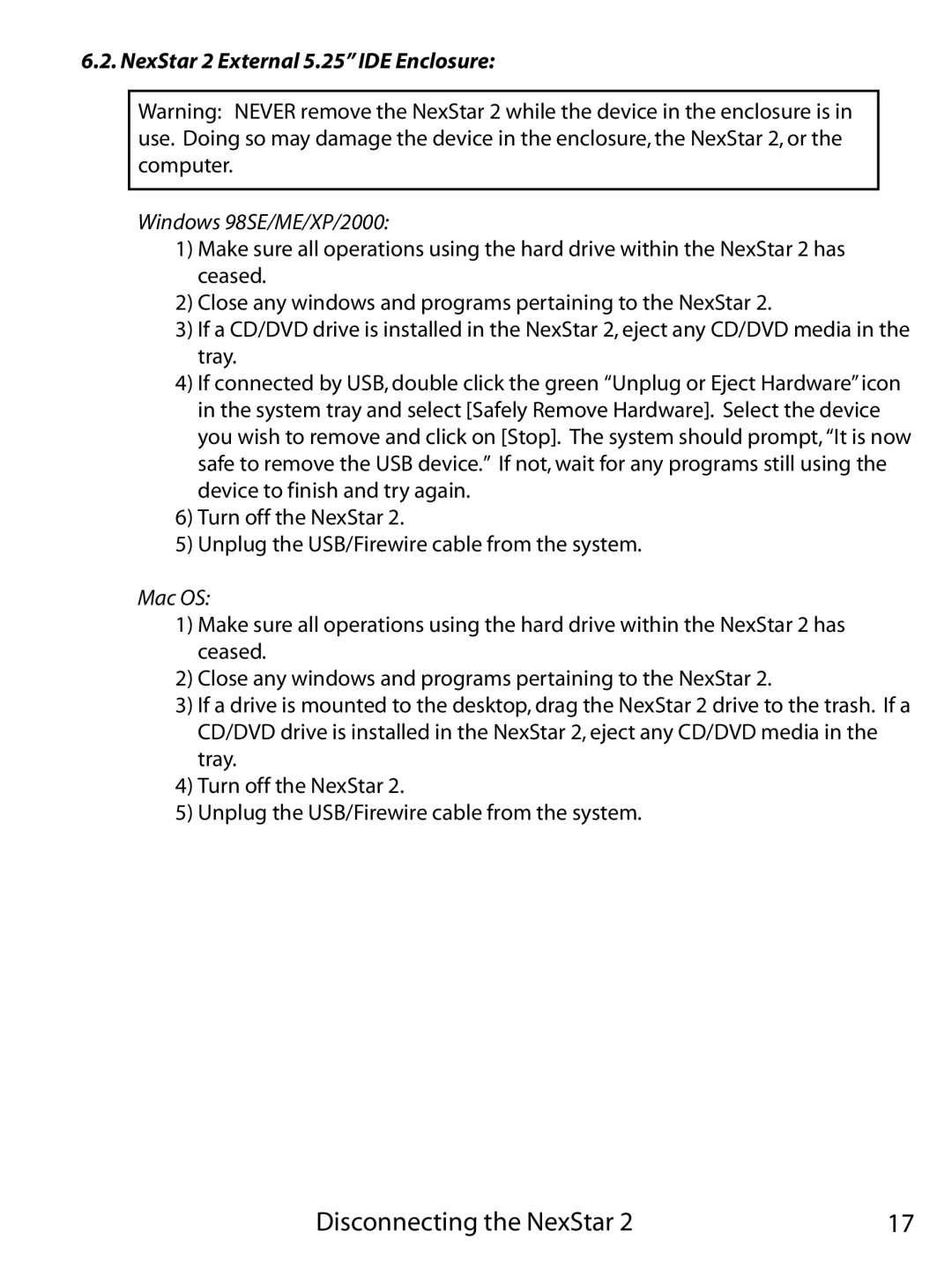 Vantec 355UF, NST-355U2 user manual Disconnecting the NexStar 