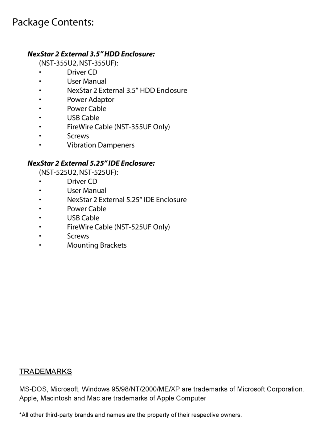 Vantec NST-355U2, 355UF user manual Package Contents 