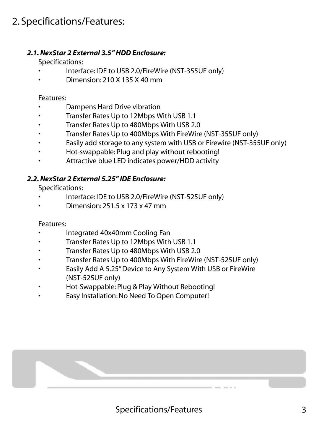 Vantec 355UF, NST-355U2 user manual Specifications/Features, NexStar 2 External 3.5 HDD Enclosure Specifications 