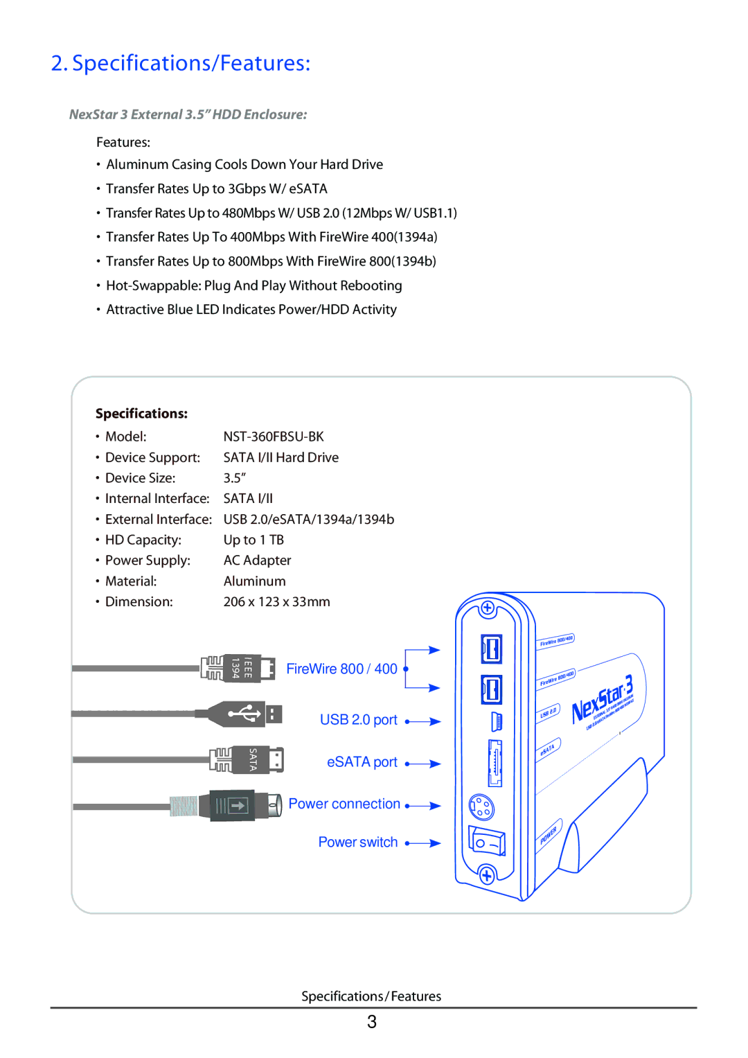 Vantec NST-360FBSU-BK user manual Specifications/Features, NexStar 3 External 3.5 HDD Enclosure 