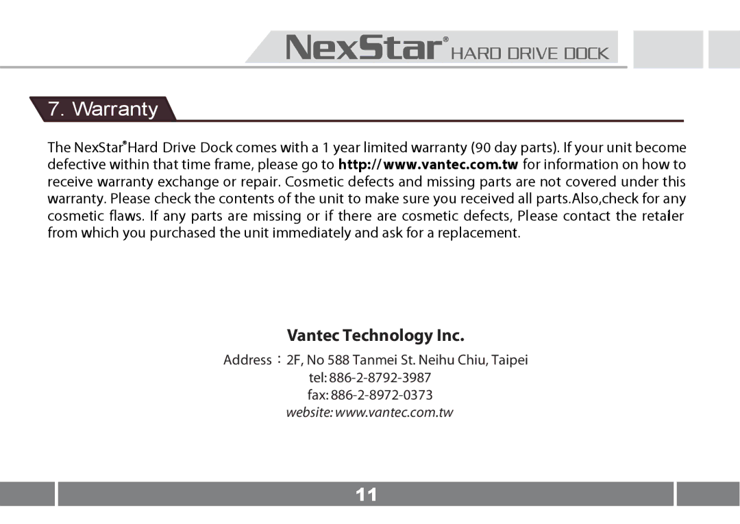 Vantec NST-D100FBSU user manual Warranty, Vantec Technology Inc 