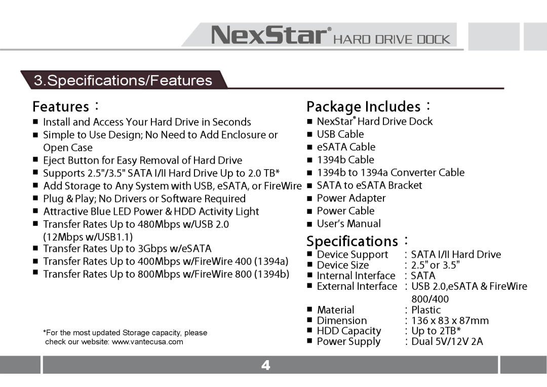 Vantec NST-D100FBSU user manual Features：, Specifications/Features 