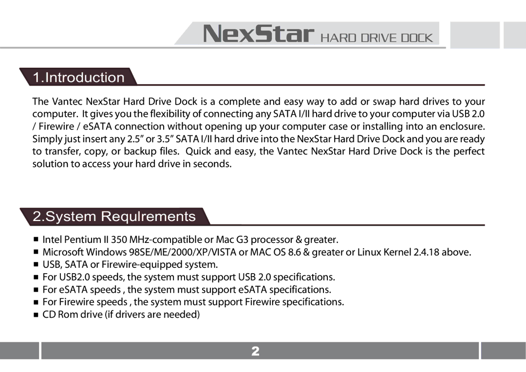 Vantec NST-D100UFS user manual Introduction, System Requlrements 