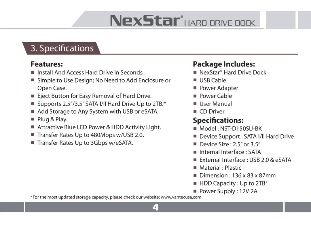 Vantec NST-D150SU-BK user manual Specifications, Features 