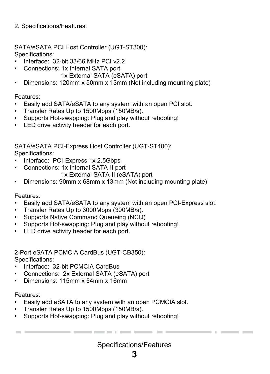 Vantec PCI & PCI-E Card & CardBus manual Specifications/Features 