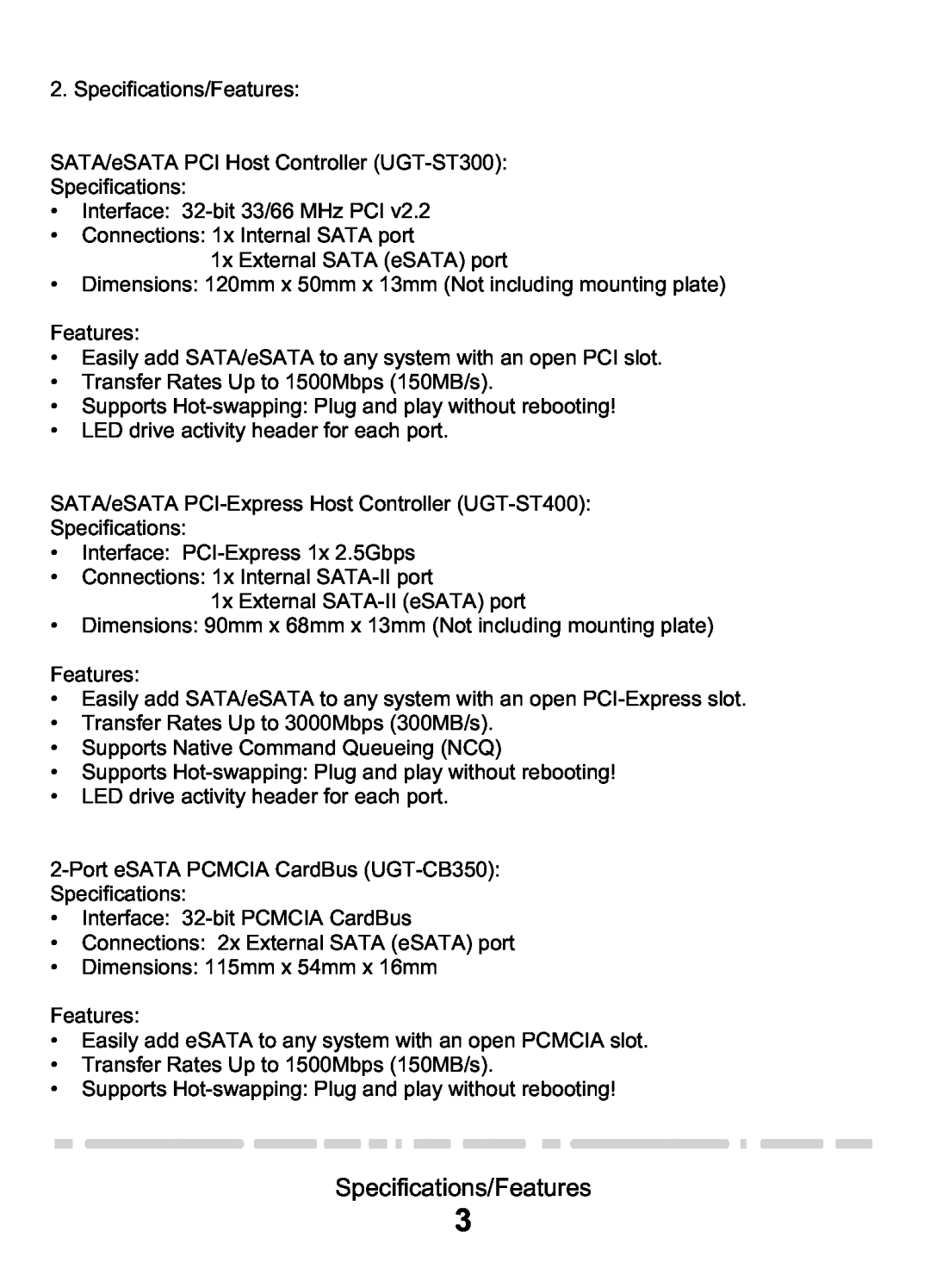 Vantec PCI & PCI-E Card & CardBus manual Specifications/Features 