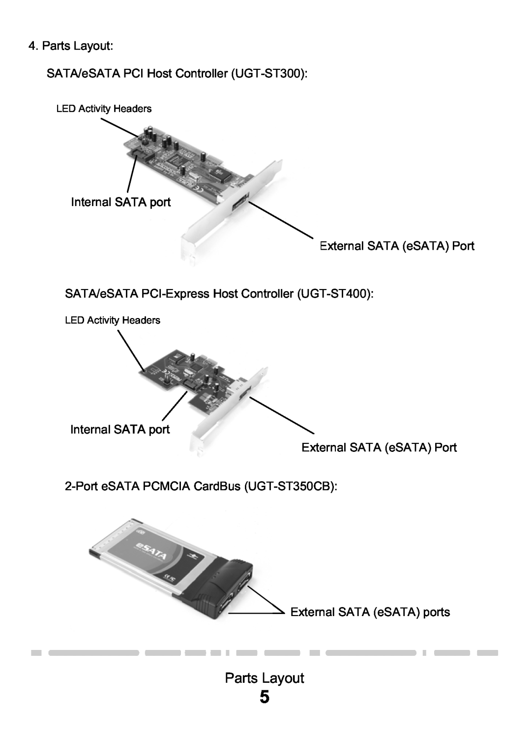 Vantec PCI & PCI-E Card & CardBus manual Parts Layout SATA/eSATA PCI Host Controller UGT-ST300, LED Activity Headers 