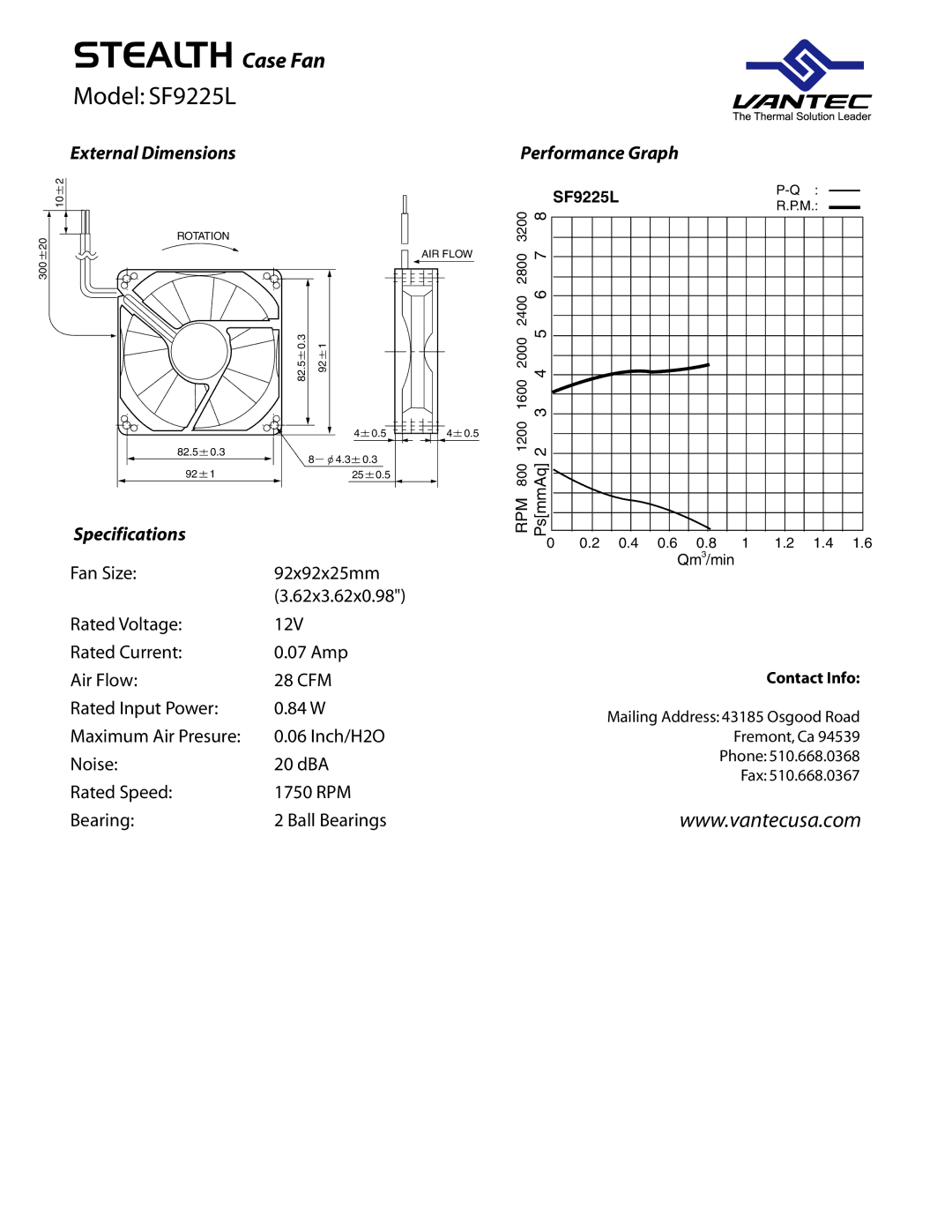 Vantec specifications Stealth Case Fan, Model SF9225L, External Dimensions, Performance Graph, Specifications 