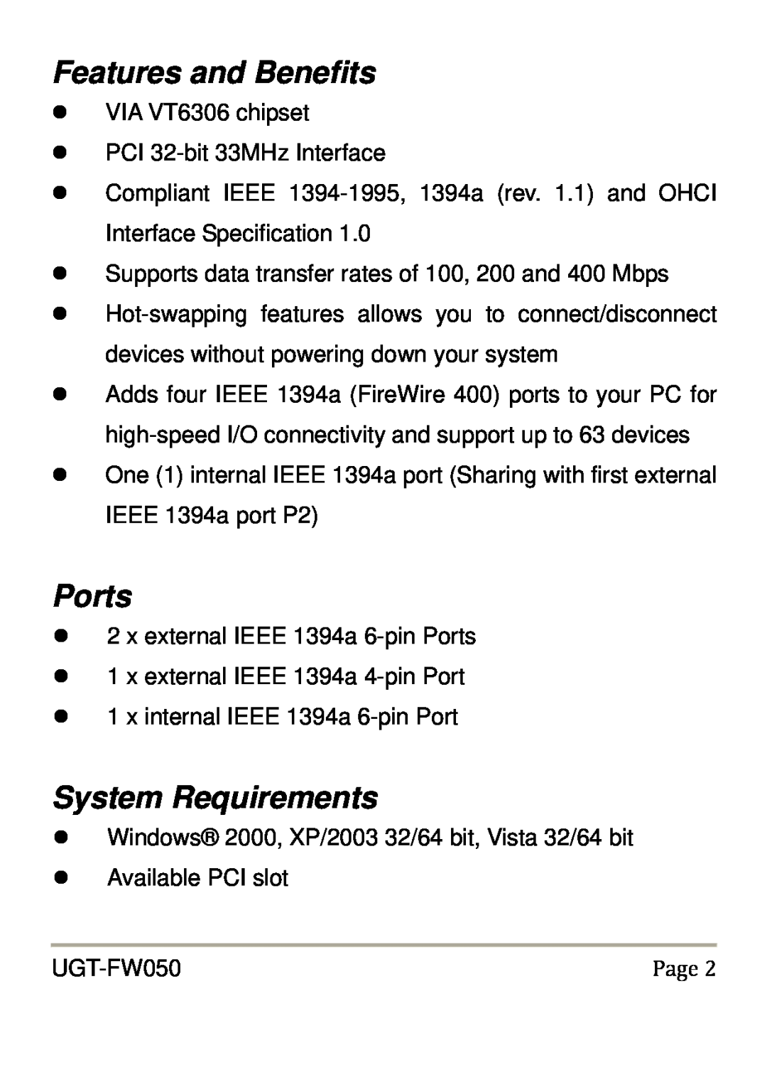 Vantec UGT-FW050 user manual Features and Benefits, Ports, System Requirements 