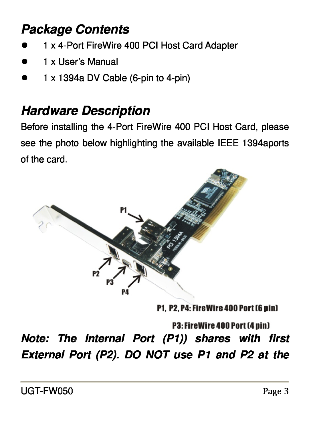 Vantec UGT-FW050 user manual Package Contents, Hardware Description, Page 