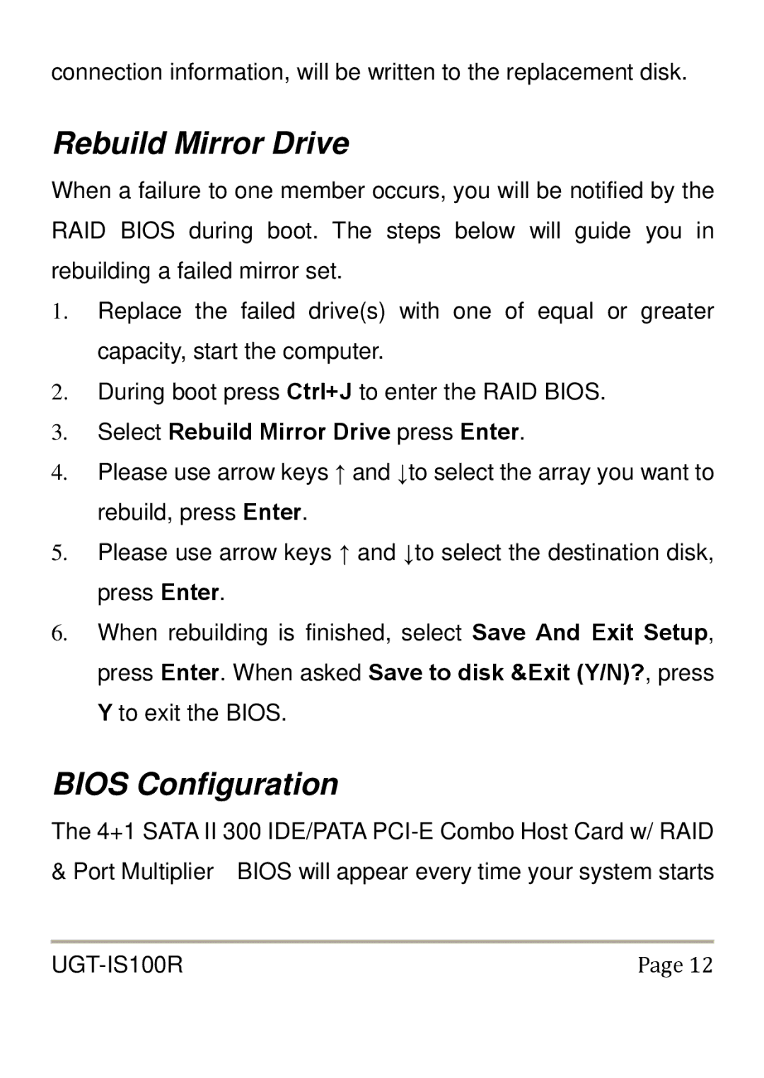 Vantec UGT-IS100R user manual Rebuild Mirror Drive, Bios Configuration 