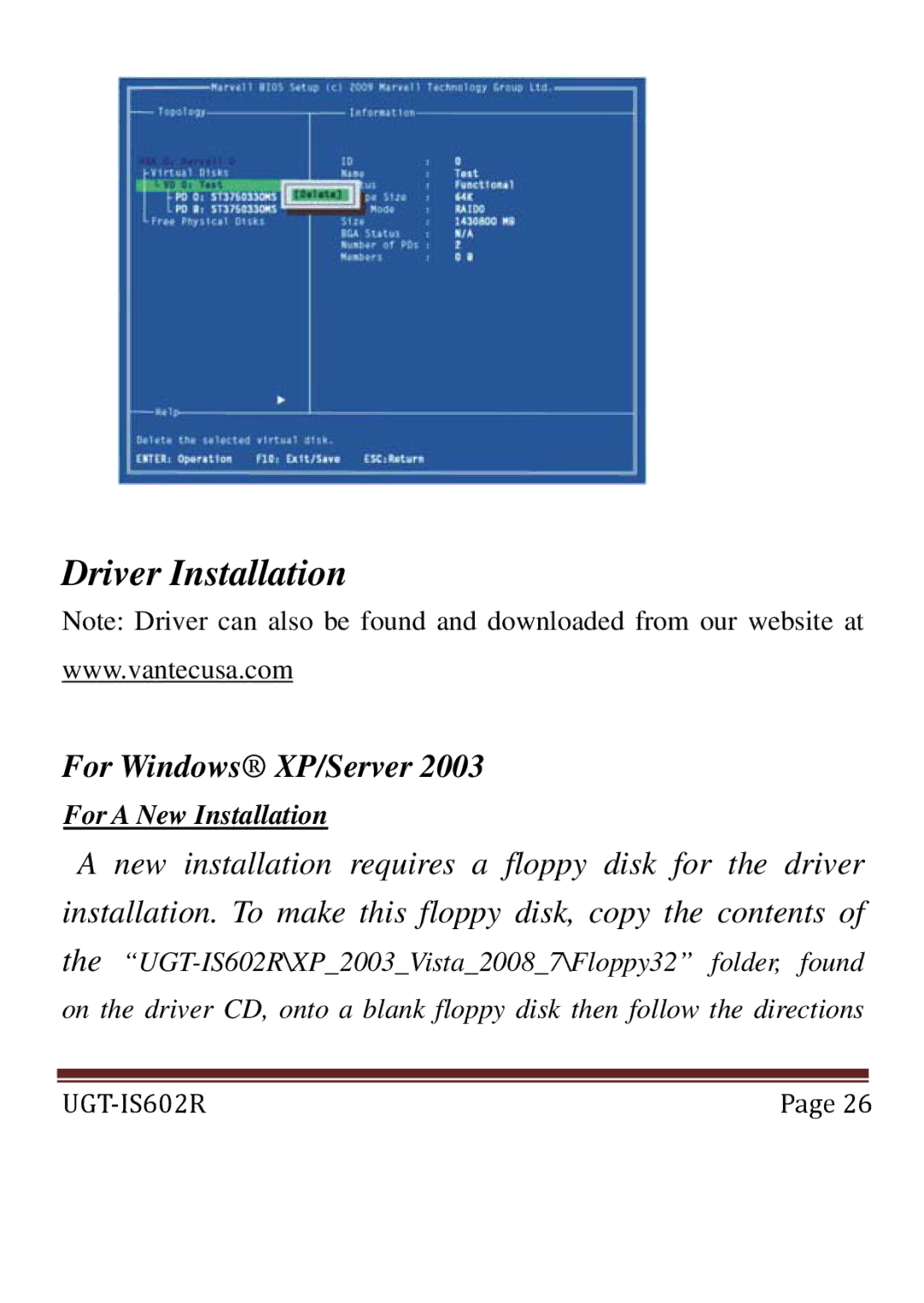 Vantec UGT-IS602R user manual Driver Installation, For Windows XP/Server 