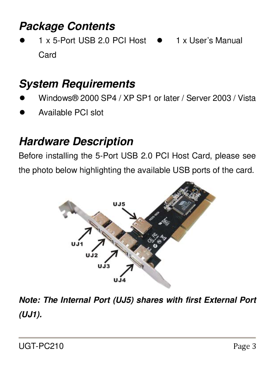 Vantec UGT-PC210 user manual Package Contents, System Requirements, Hardware Description 