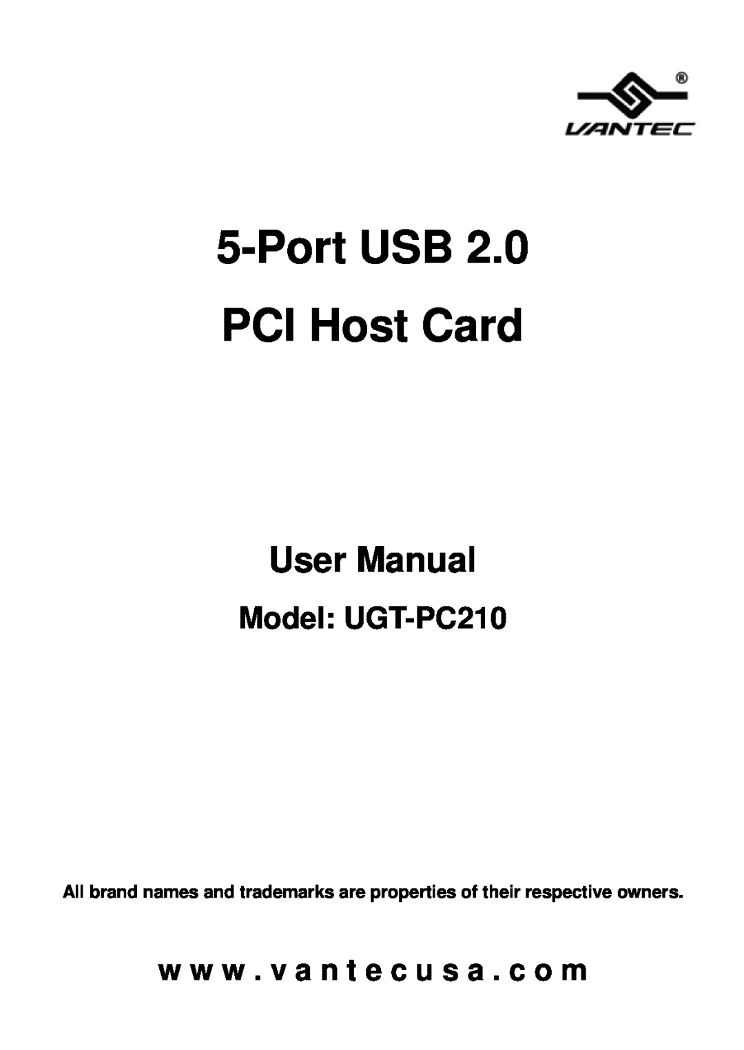 Vantec user manual Port USB PCI Host Card, User Manual, Model UGT-PC210, w w w . v a n t e c u s a . c o m 