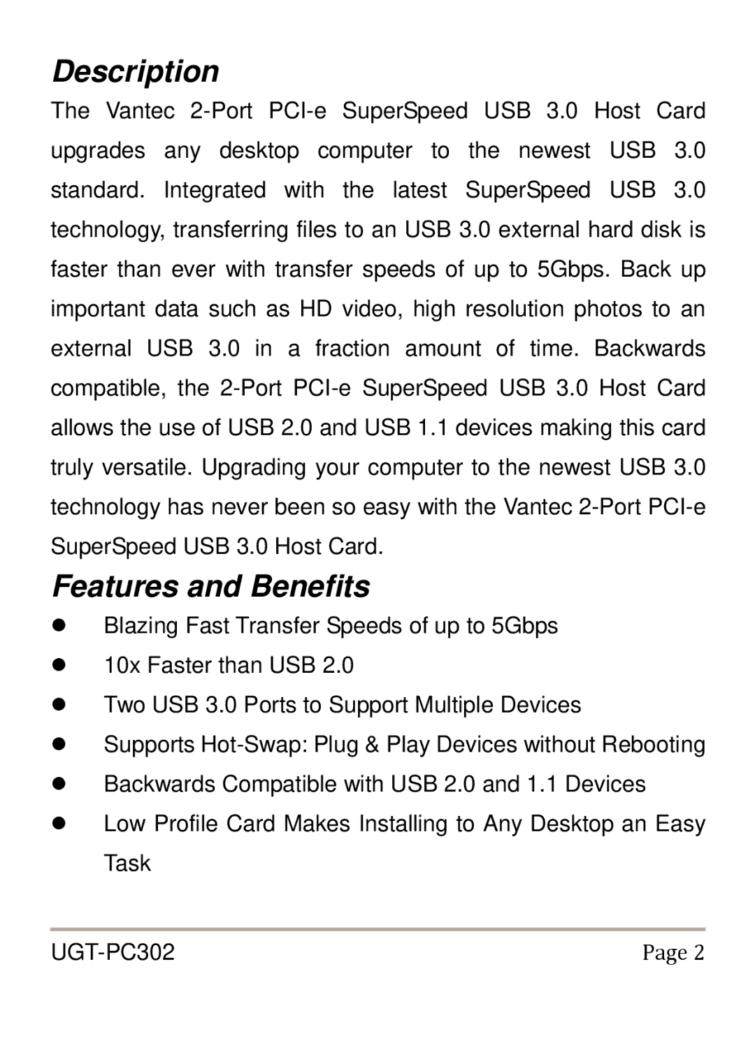 Vantec UGT-PC302 user manual Description, Features and Benefits 